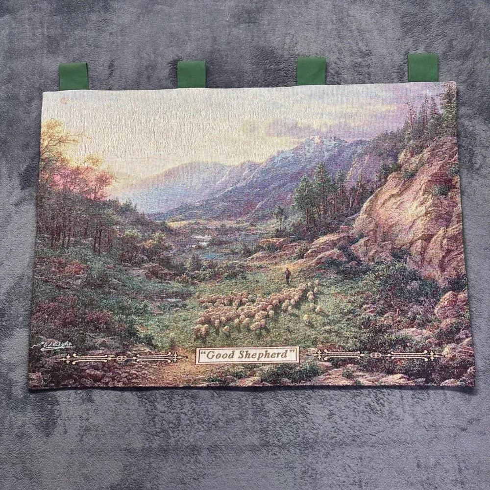 Vintage Good Shepherd Woven Wall Tapestry By Larry Dyke Pastoral Scene 35x24